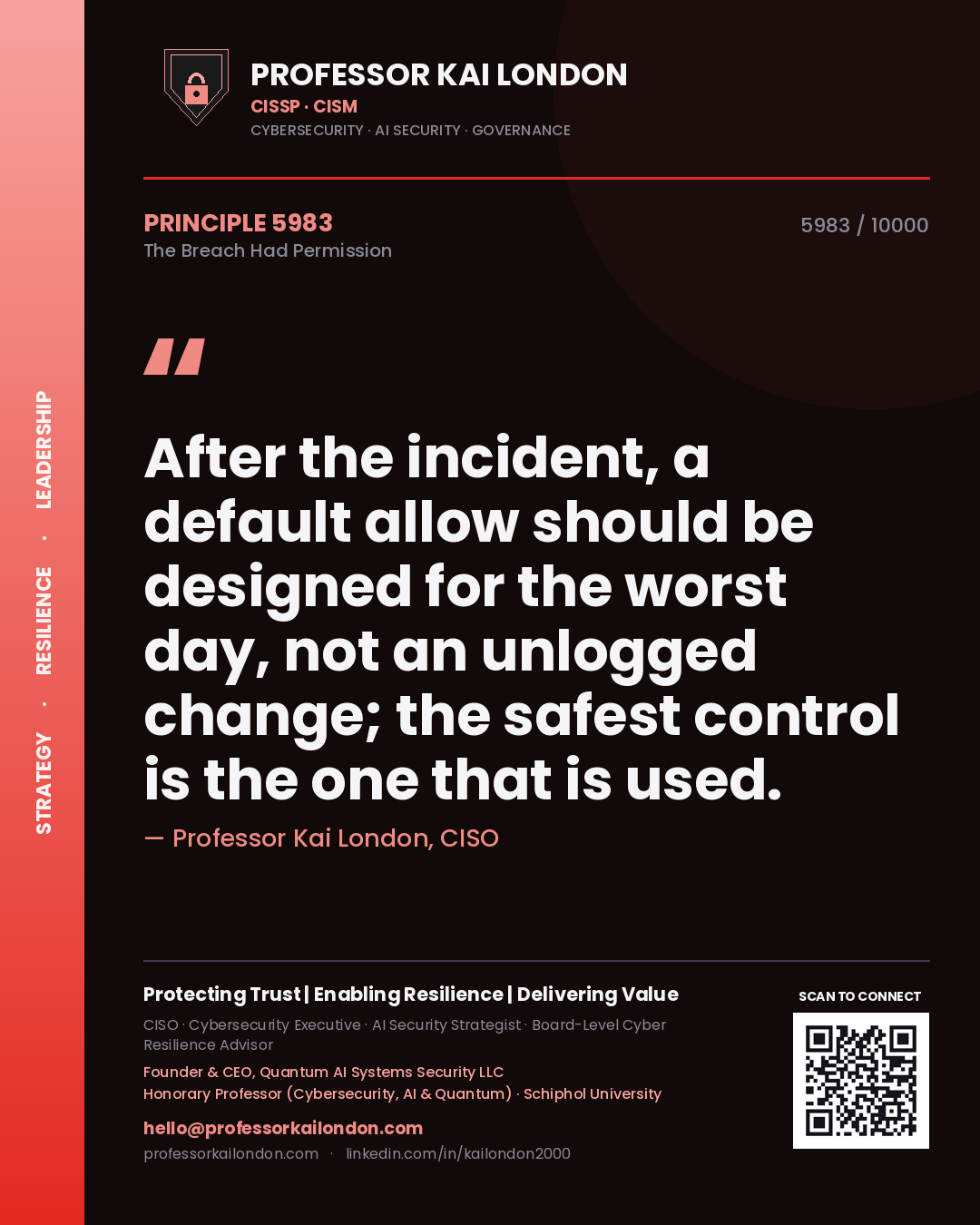 Quote card by Professor Kai London reading 'After the incident, a default allow should be designed for the worst day, not an unlogged change; the safest control is the one that is used.'. From the book The Breach Had Permission.