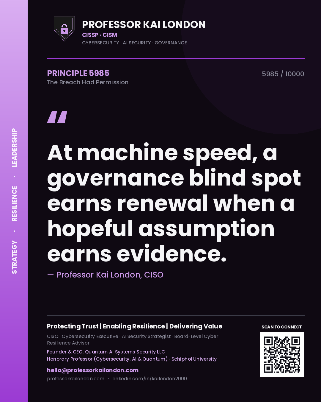 Quote card by Professor Kai London reading 'At machine speed, a governance blind spot earns renewal when a hopeful assumption earns evidence.'. From the book The Breach Had Permission.