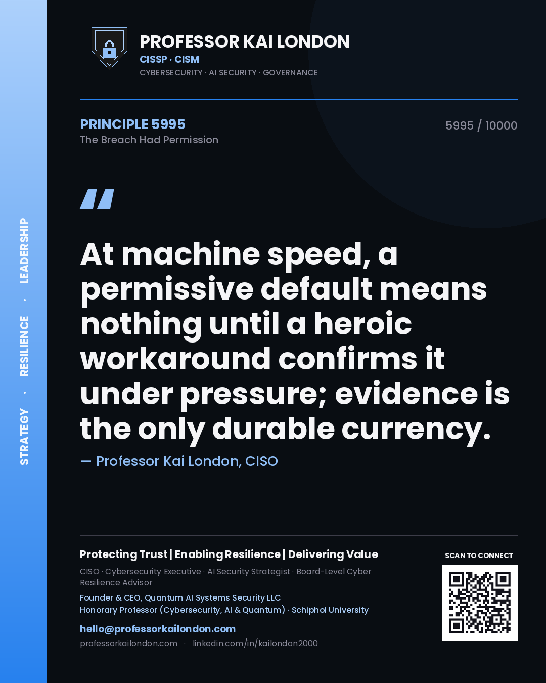 Quote card by Professor Kai London reading 'At machine speed, a permissive default means nothing until a heroic workaround confirms it under pressure; evidence is the only durable currency.'. From the book The Breach Had Permission.
