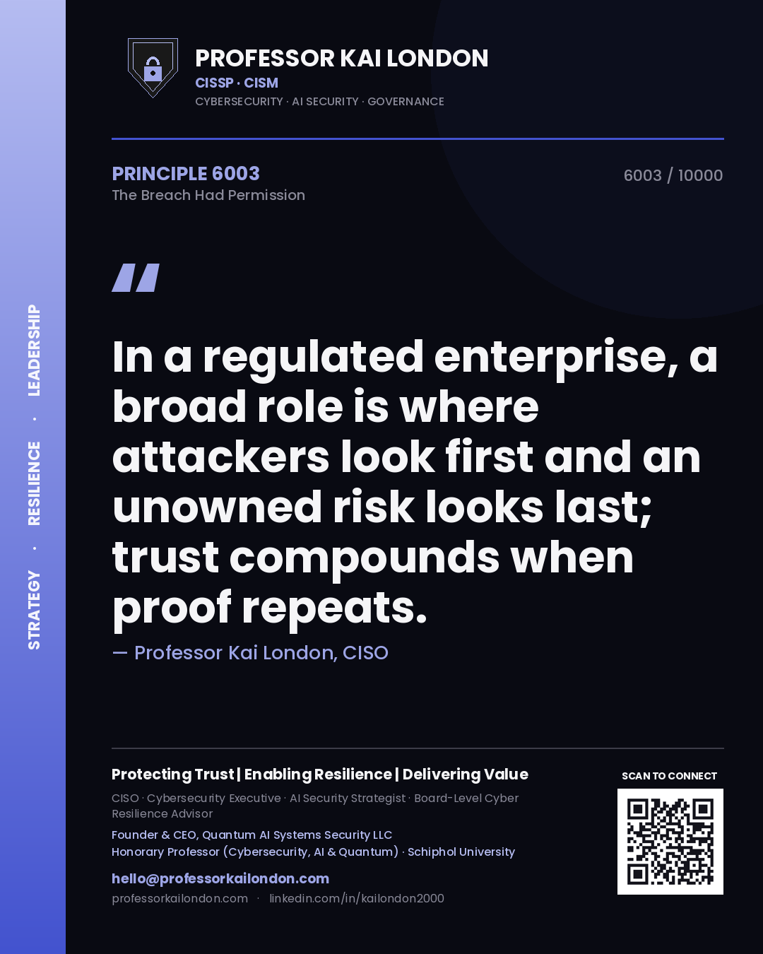 Professor Kai London principle 6003: In a regulated enterprise, a broad role is where attackers look first and an unowned risk looks last; trust compounds when proof repeats.