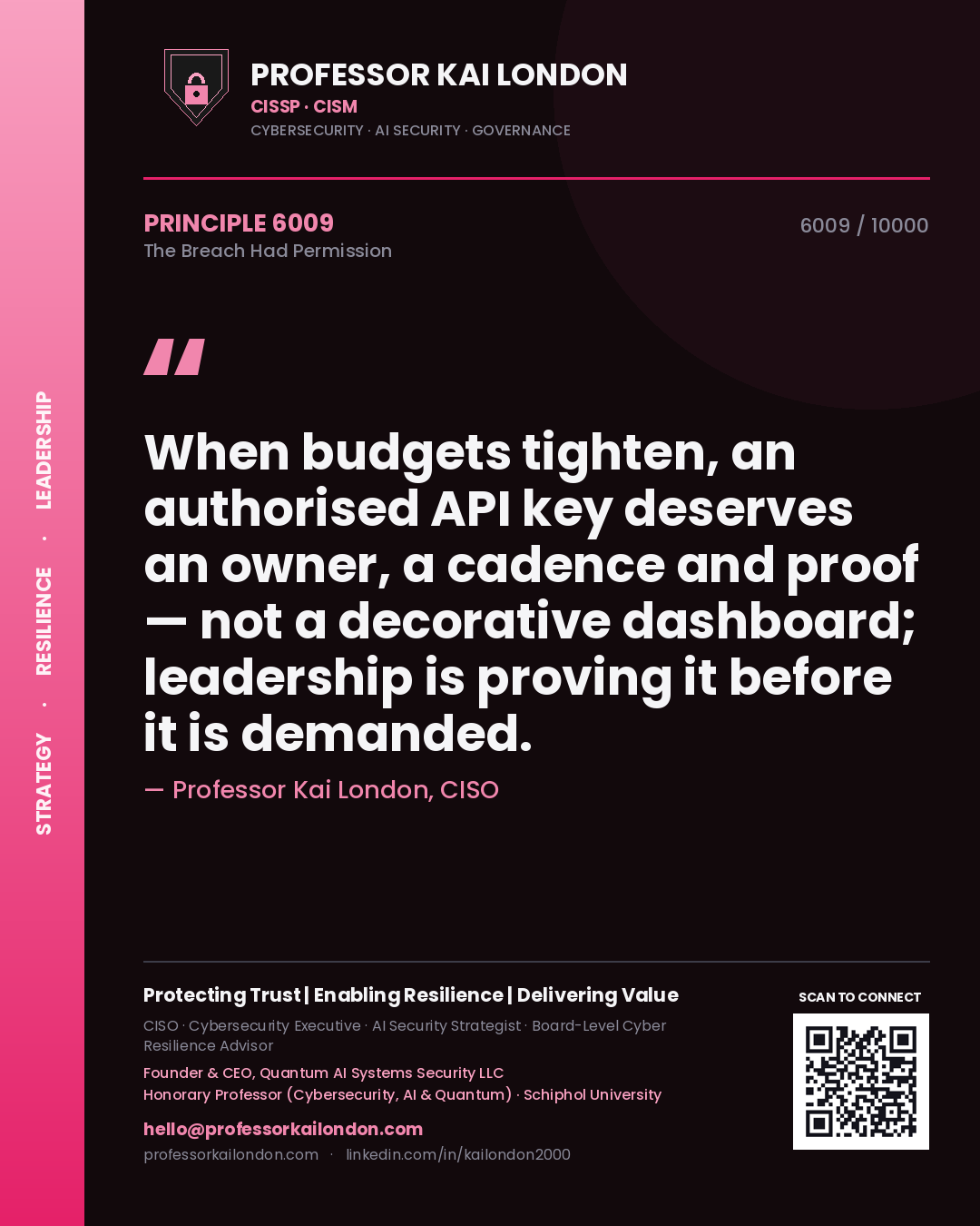 Quote card by Professor Kai London reading 'When budgets tighten, an authorised API key deserves an owner, a cadence and proof — not a decorative dashboard; leadership is proving it before it is demanded.'. From the book The Breach Had Permission.