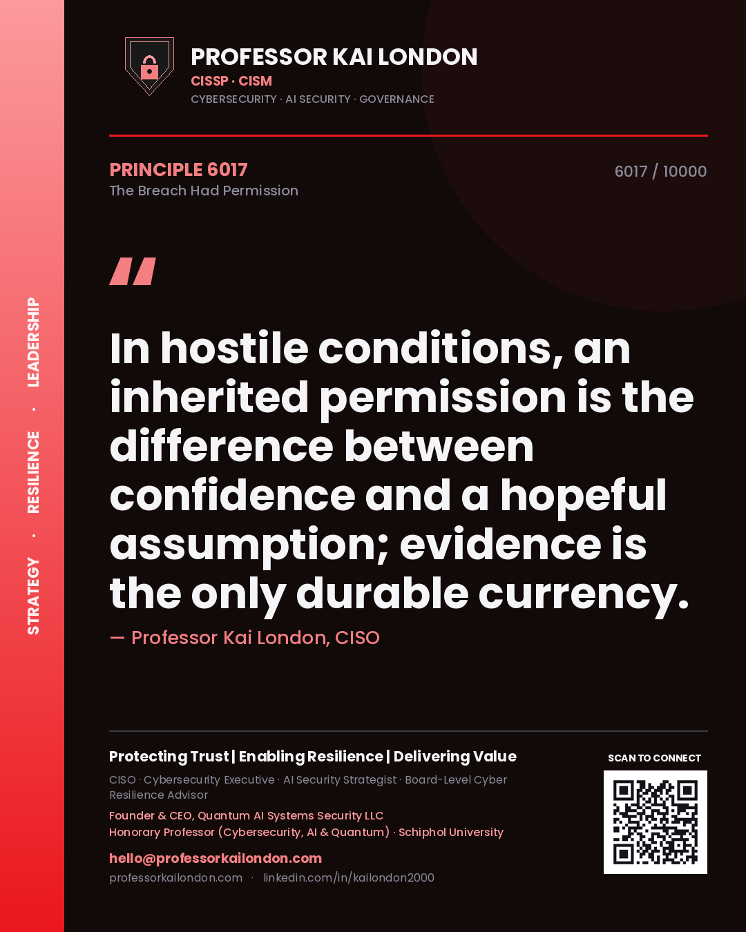Professor Kai London principle 6017: In hostile conditions, an inherited permission is the difference between confidence and a hopeful assumption; evidence is the only durable currency.