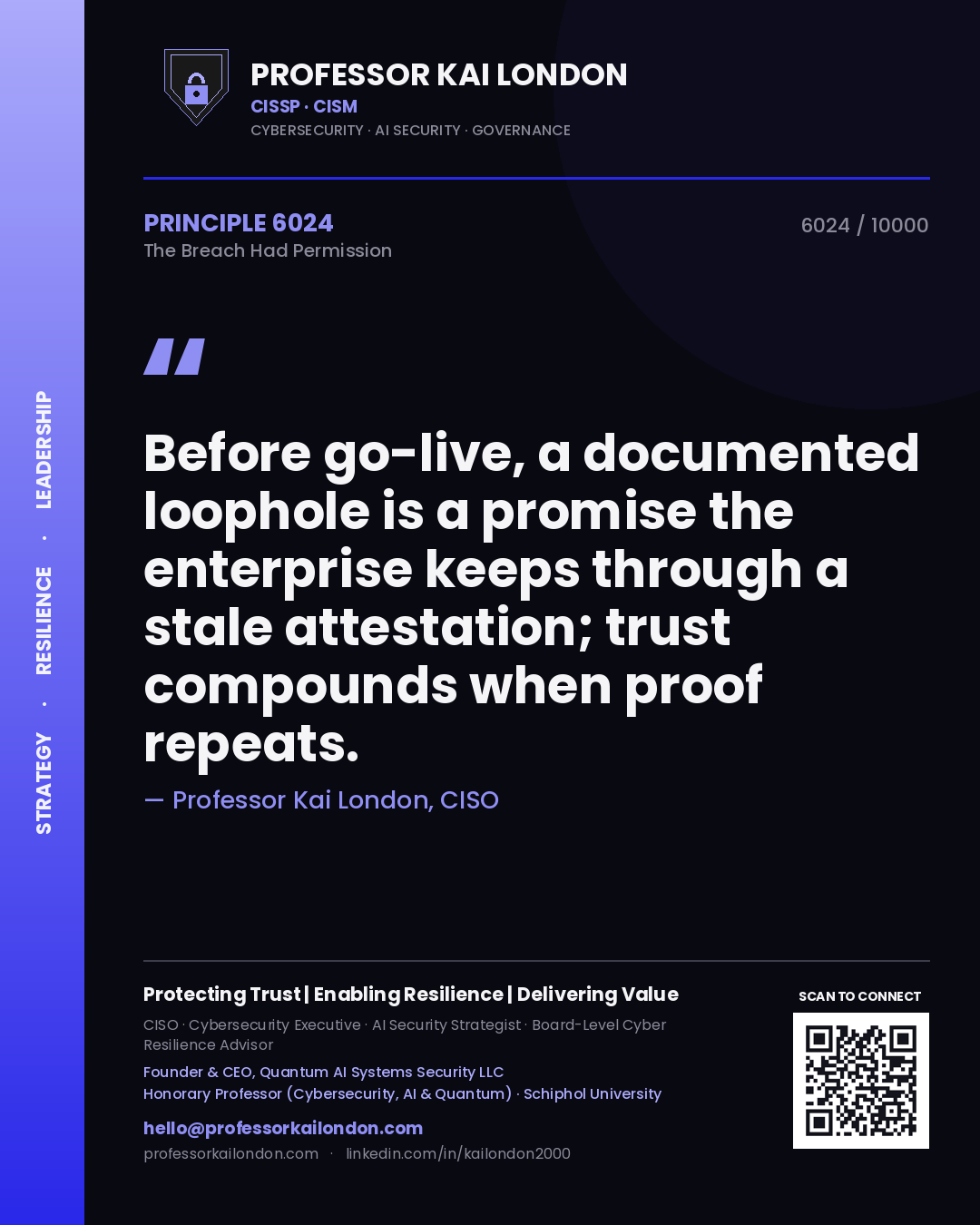 Quote card by Professor Kai London reading 'Before go-live, a documented loophole is a promise the enterprise keeps through a stale attestation; trust compounds when proof repeats.'. From the book The Breach Had Permission.