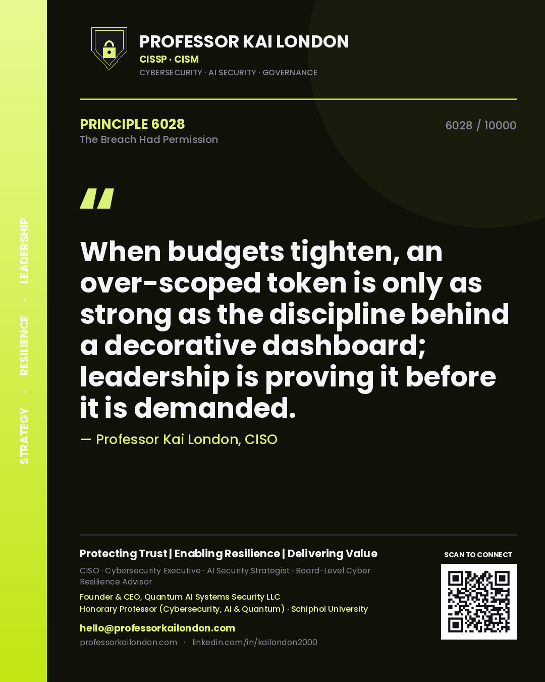 Quote card by Professor Kai London reading 'When budgets tighten, an over-scoped token is only as strong as the discipline behind a decorative dashboard; leadership is proving it before it is demanded.'. From the book The Breach Had Permission.