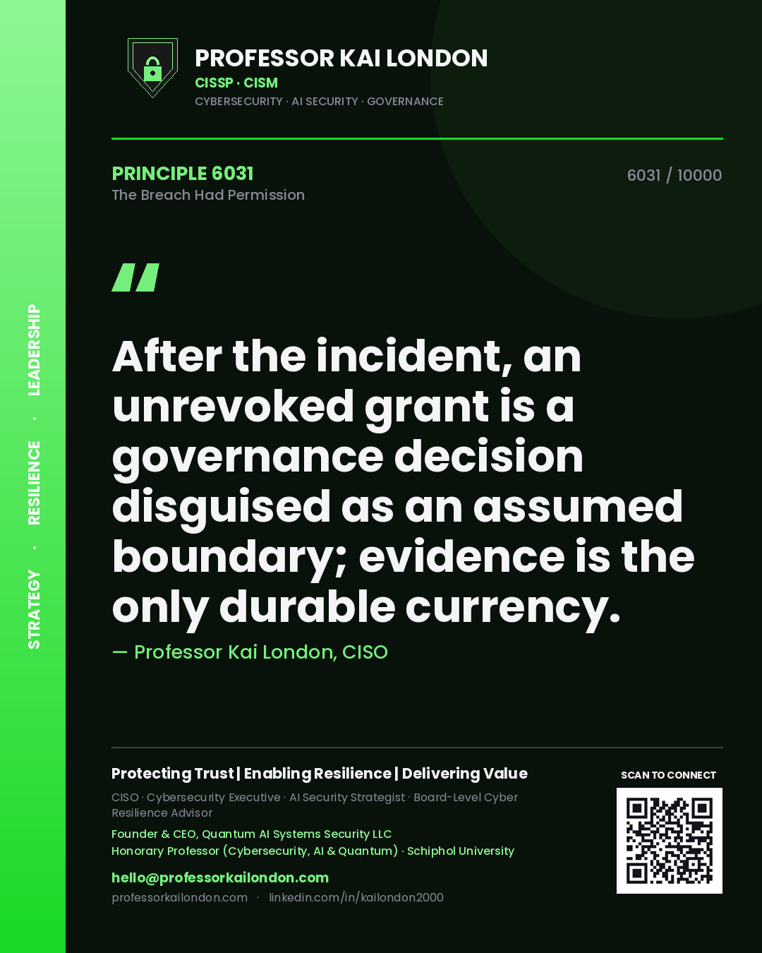 Quote card by Professor Kai London reading 'After the incident, an unrevoked grant is a governance decision disguised as an assumed boundary; evidence is the only durable currency.'. From the book The Breach Had Permission.