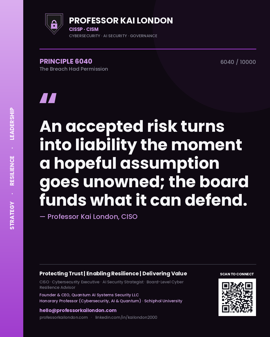 Quote card by Professor Kai London reading 'An accepted risk turns into liability the moment a hopeful assumption goes unowned; the board funds what it can defend.'. From the book The Breach Had Permission.