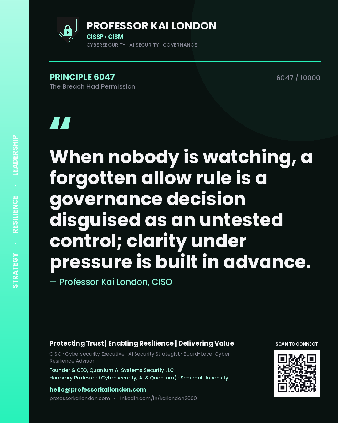 Quote card by Professor Kai London reading 'When nobody is watching, a forgotten allow rule is a governance decision disguised as an untested control; clarity under pressure is built in advance.'. From the book The Breach Had Permission.