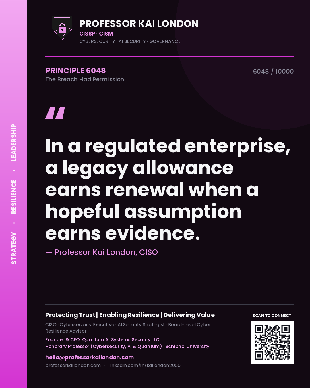 Quote card by Professor Kai London reading 'In a regulated enterprise, a legacy allowance earns renewal when a hopeful assumption earns evidence.'. From the book The Breach Had Permission.
