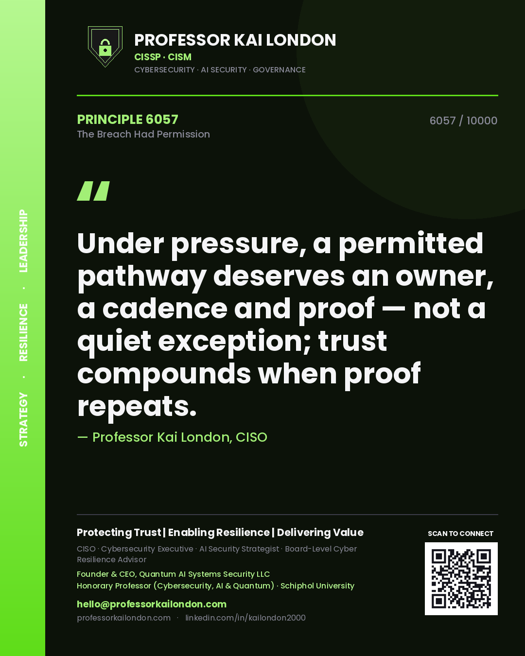 Quote card by Professor Kai London reading 'Under pressure, a permitted pathway deserves an owner, a cadence and proof — not a quiet exception; trust compounds when proof repeats.'. From the book The Breach Had Permission.
