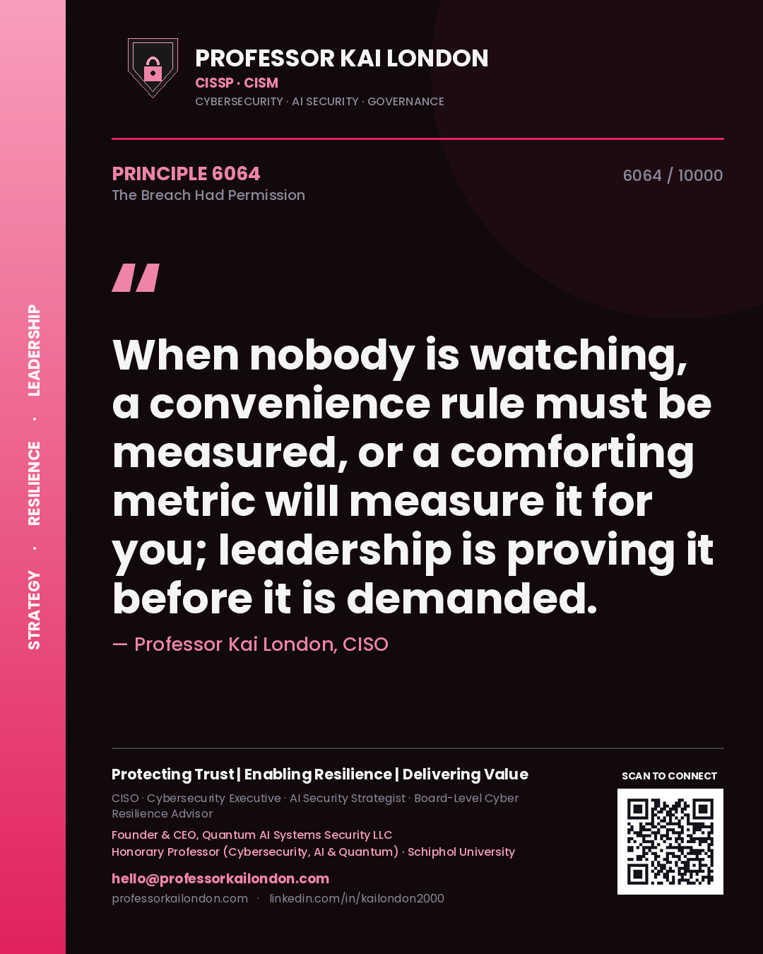 Quote card by Professor Kai London reading 'When nobody is watching, a convenience rule must be measured, or a comforting metric will measure it for you; leadership is proving it before it is demanded.'. From the book The Breach Had Permission.