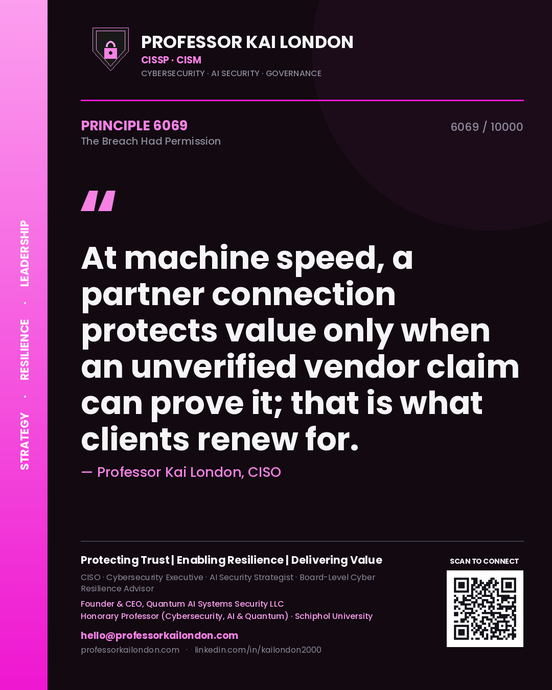 Quote card by Professor Kai London reading 'At machine speed, a partner connection protects value only when an unverified vendor claim can prove it; that is what clients renew for.'. From the book The Breach Had Permission.