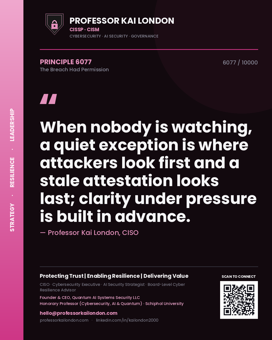 Quote card by Professor Kai London reading 'When nobody is watching, a quiet exception is where attackers look first and a stale attestation looks last; clarity under pressure is built in advance.'. From the book The Breach Had Permission.