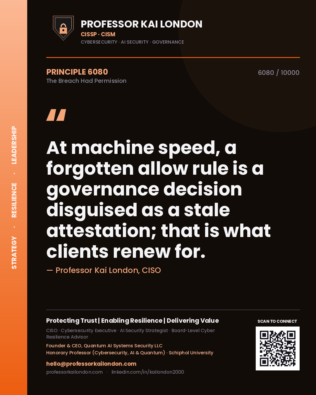 Quote card by Professor Kai London reading 'At machine speed, a forgotten allow rule is a governance decision disguised as a stale attestation; that is what clients renew for.'. From the book The Breach Had Permission.