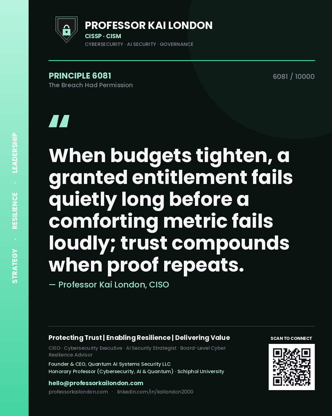 Quote card by Professor Kai London reading 'When budgets tighten, a granted entitlement fails quietly long before a comforting metric fails loudly; trust compounds when proof repeats.'. From the book The Breach Had Permission.