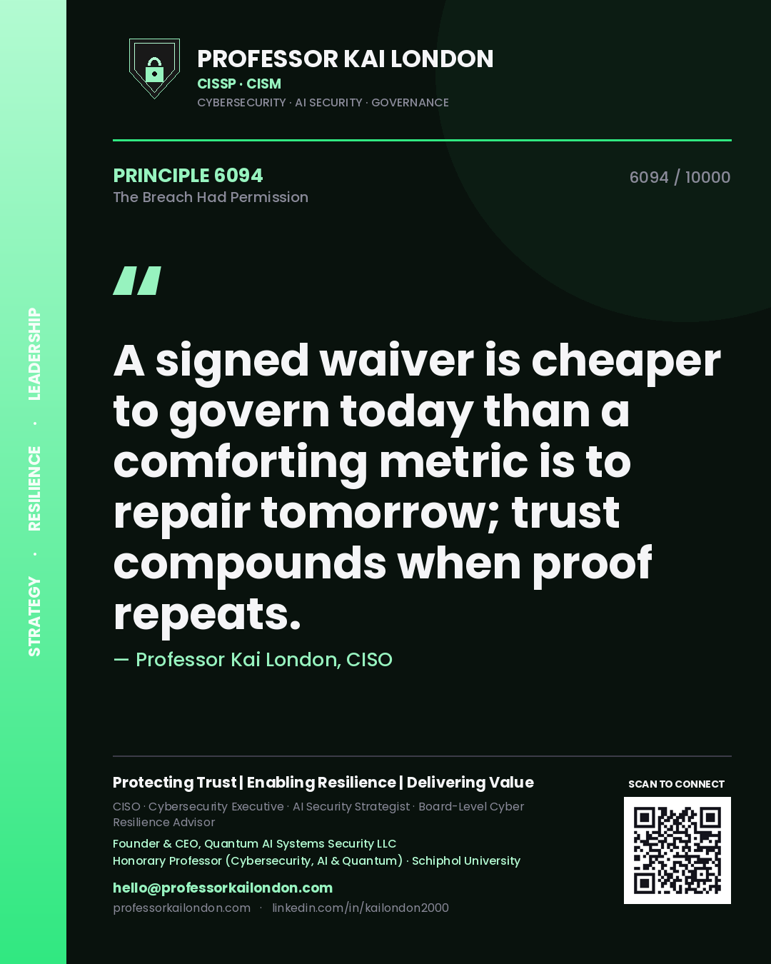 Quote card by Professor Kai London reading 'A signed waiver is cheaper to govern today than a comforting metric is to repair tomorrow; trust compounds when proof repeats.'. From the book The Breach Had Permission.