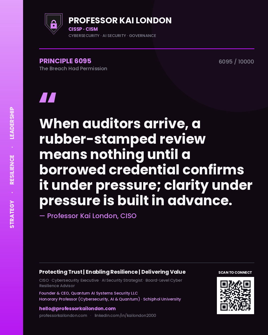 Quote card by Professor Kai London reading 'When auditors arrive, a rubber-stamped review means nothing until a borrowed credential confirms it under pressure; clarity under pressure is built in advance.'. From the book The Breach Had Permission.