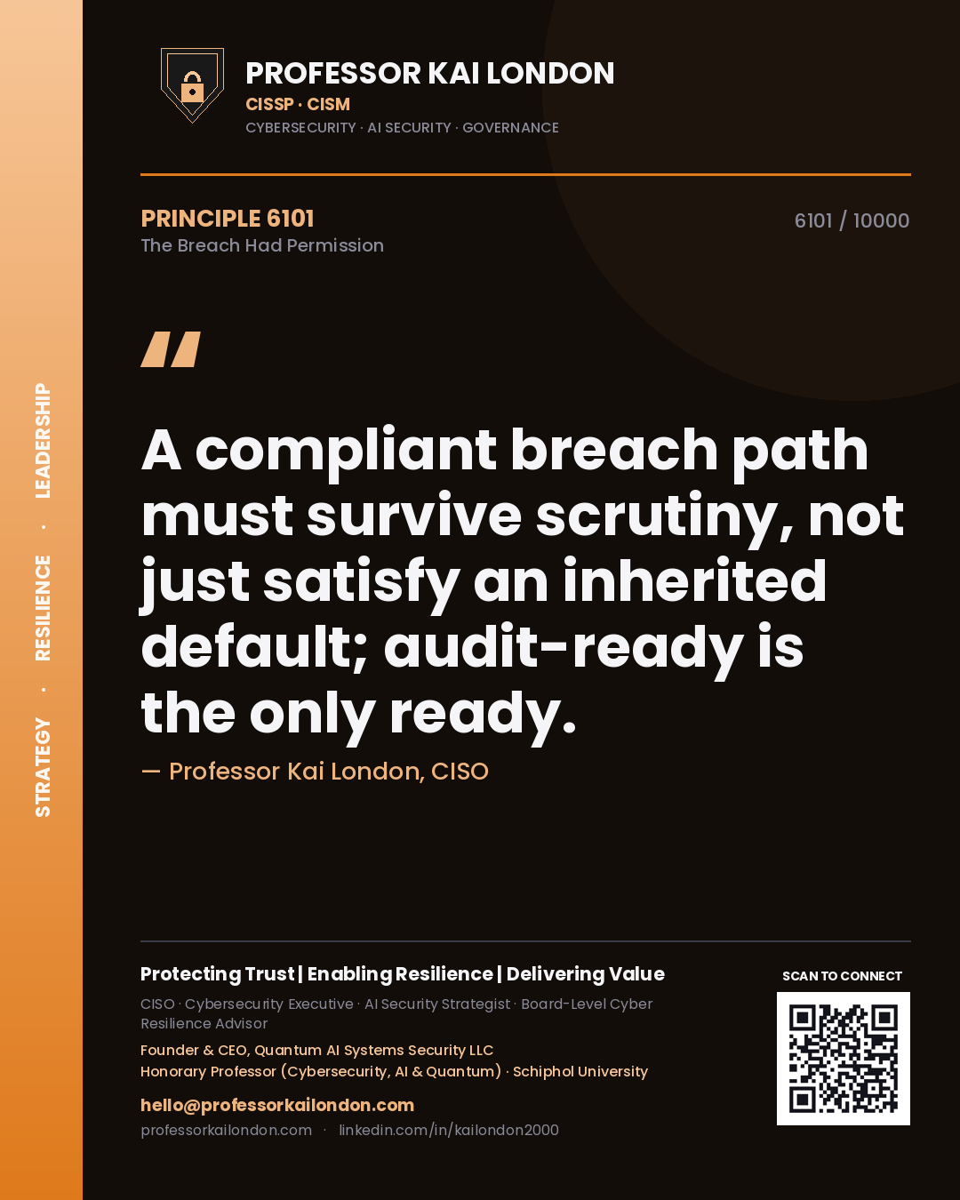 Quote card by Professor Kai London reading 'A compliant breach path must survive scrutiny, not just satisfy an inherited default; audit-ready is the only ready.'. From the book The Breach Had Permission.