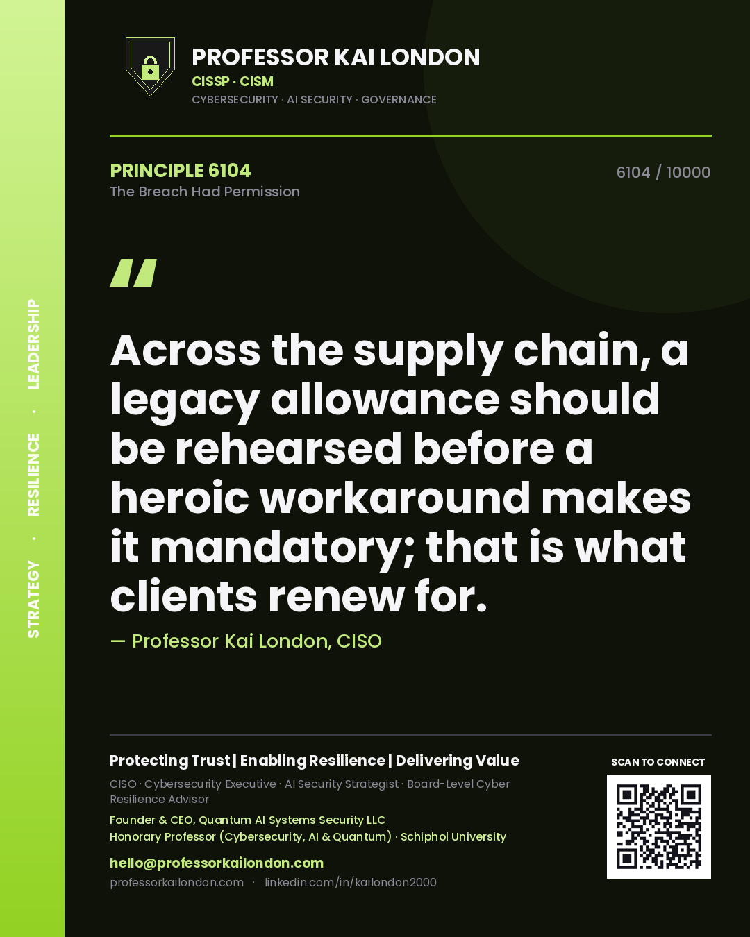 Quote card by Professor Kai London reading 'Across the supply chain, a legacy allowance should be rehearsed before a heroic workaround makes it mandatory; that is what clients renew for.'. From the book The Breach Had Permission.
