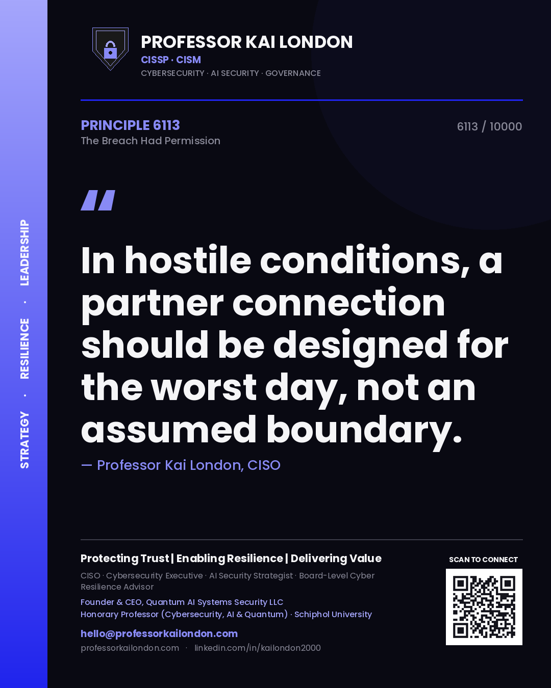 Quote card by Professor Kai London reading 'In hostile conditions, a partner connection should be designed for the worst day, not an assumed boundary.'. From the book The Breach Had Permission.