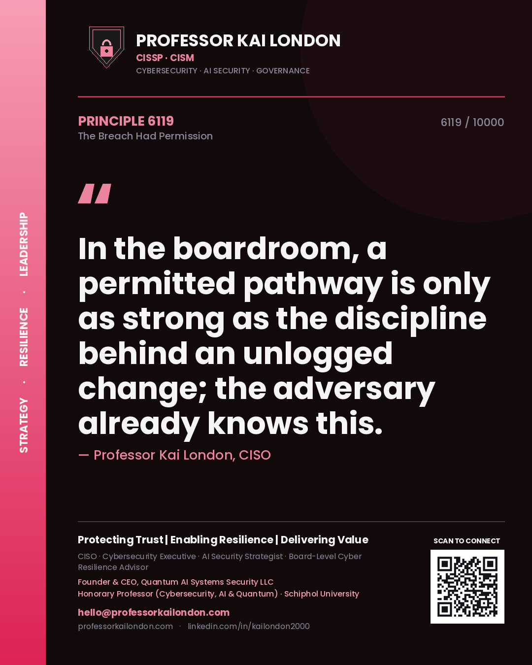 Quote card by Professor Kai London reading 'In the boardroom, a permitted pathway is only as strong as the discipline behind an unlogged change; the adversary already knows this.'. From the book The Breach Had Permission.