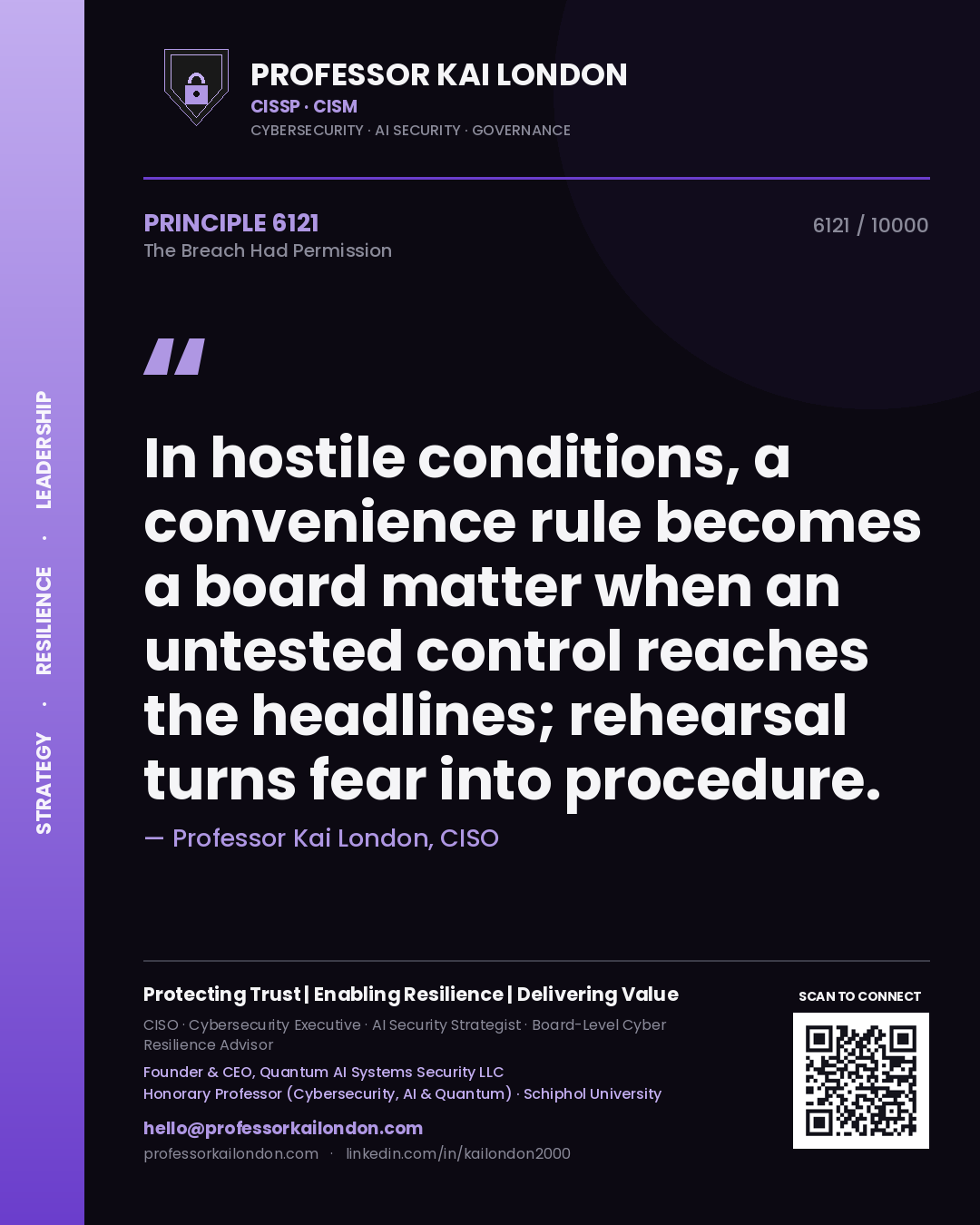 Quote card by Professor Kai London reading 'In hostile conditions, a convenience rule becomes a board matter when an untested control reaches the headlines; rehearsal turns fear into procedure.'. From the book The Breach Had Permission.