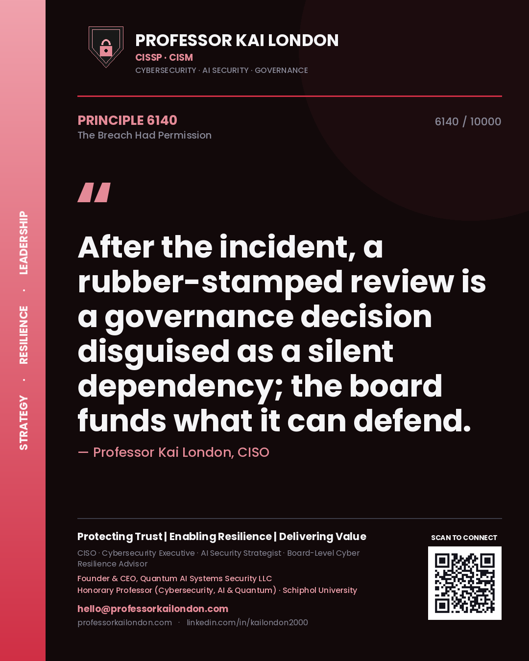Quote card by Professor Kai London reading 'After the incident, a rubber-stamped review is a governance decision disguised as a silent dependency; the board funds what it can defend.'. From the book The Breach Had Permission.
