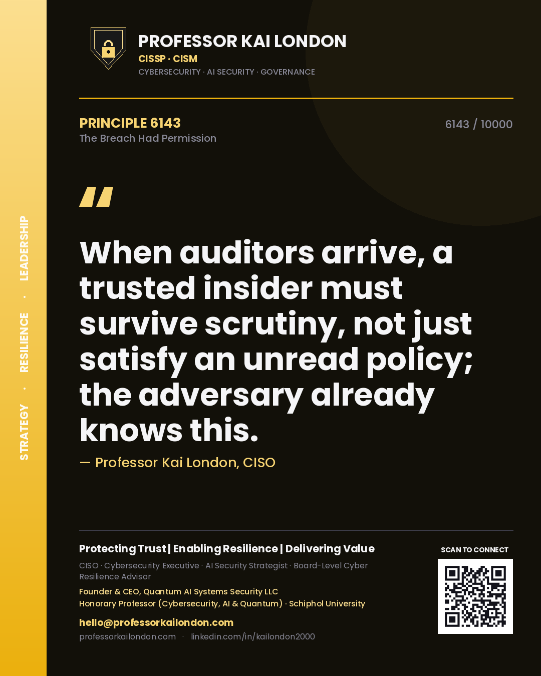 Quote card by Professor Kai London reading 'When auditors arrive, a trusted insider must survive scrutiny, not just satisfy an unread policy; the adversary already knows this.'. From the book The Breach Had Permission.