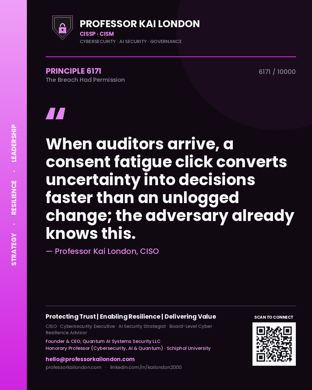 Quote card by Professor Kai London reading 'When auditors arrive, a consent fatigue click converts uncertainty into decisions faster than an unlogged change; the adversary already knows this.'. From the book The Breach Had Permission.