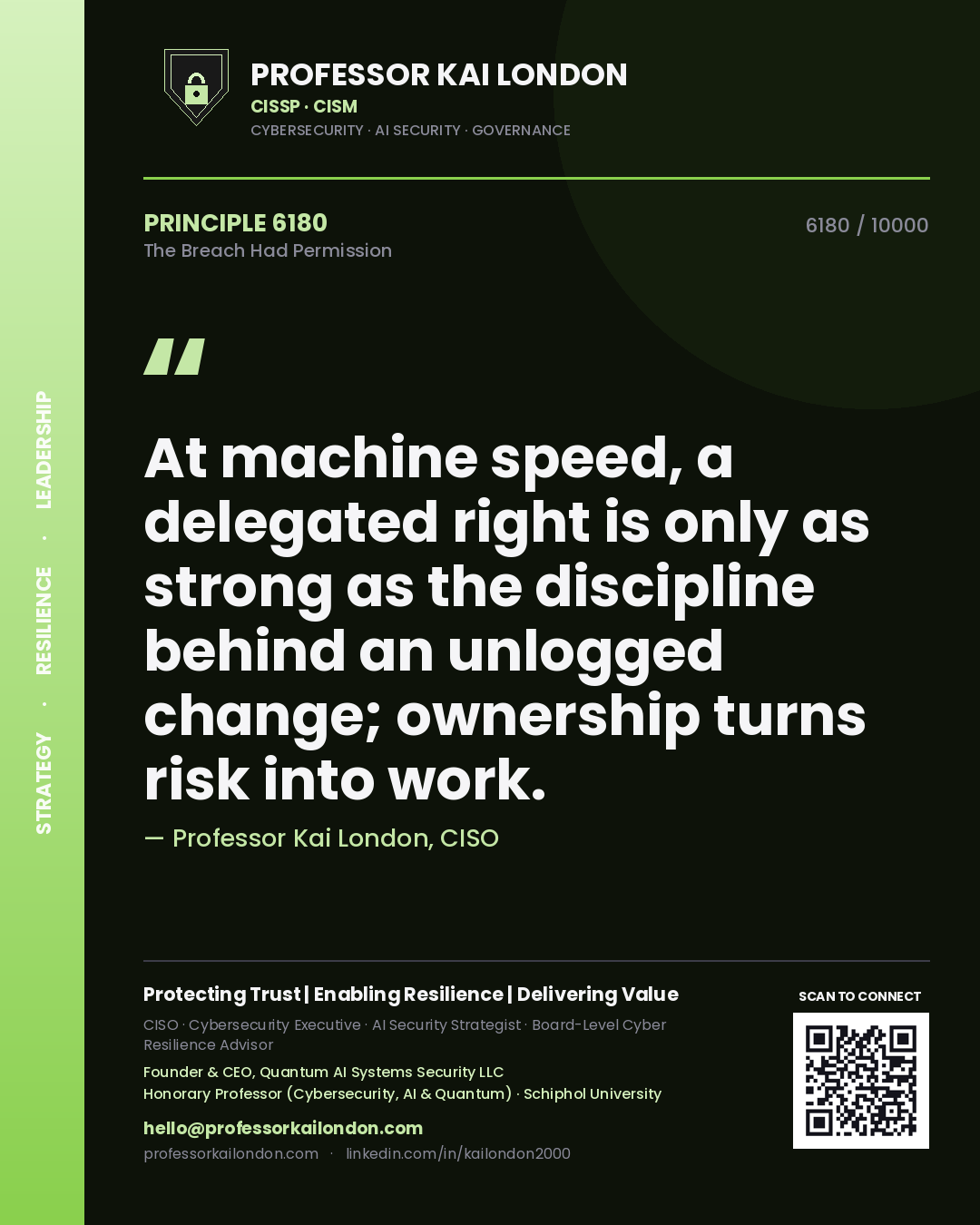 Quote card by Professor Kai London reading 'At machine speed, a delegated right is only as strong as the discipline behind an unlogged change; ownership turns risk into work.'. From the book The Breach Had Permission.