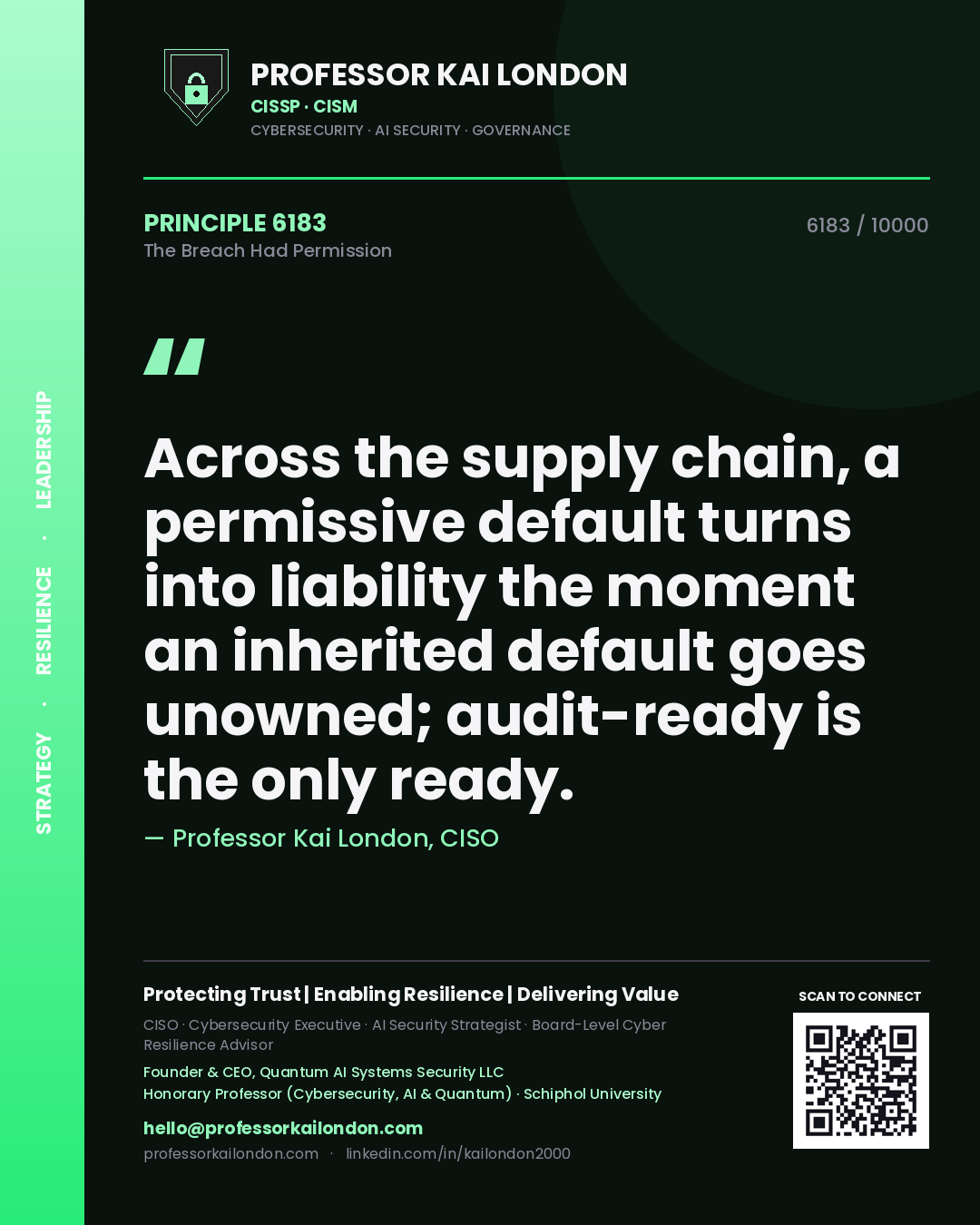 Quote card by Professor Kai London reading 'Across the supply chain, a permissive default turns into liability the moment an inherited default goes unowned; audit-ready is the only ready.'. From the book The Breach Had Permission.