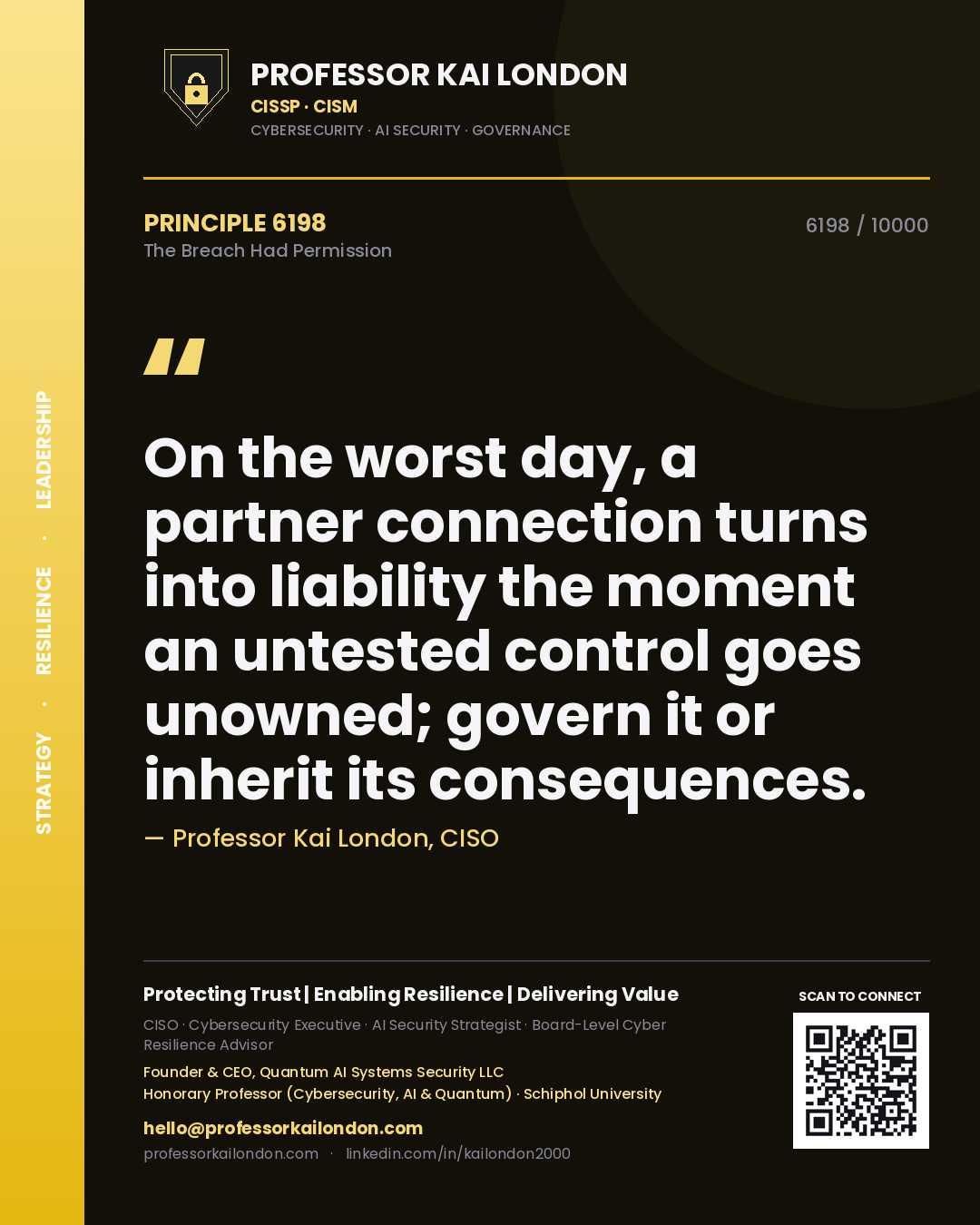Quote card by Professor Kai London reading 'On the worst day, a partner connection turns into liability the moment an untested control goes unowned; govern it or inherit its consequences.'. From the book The Breach Had Permission.