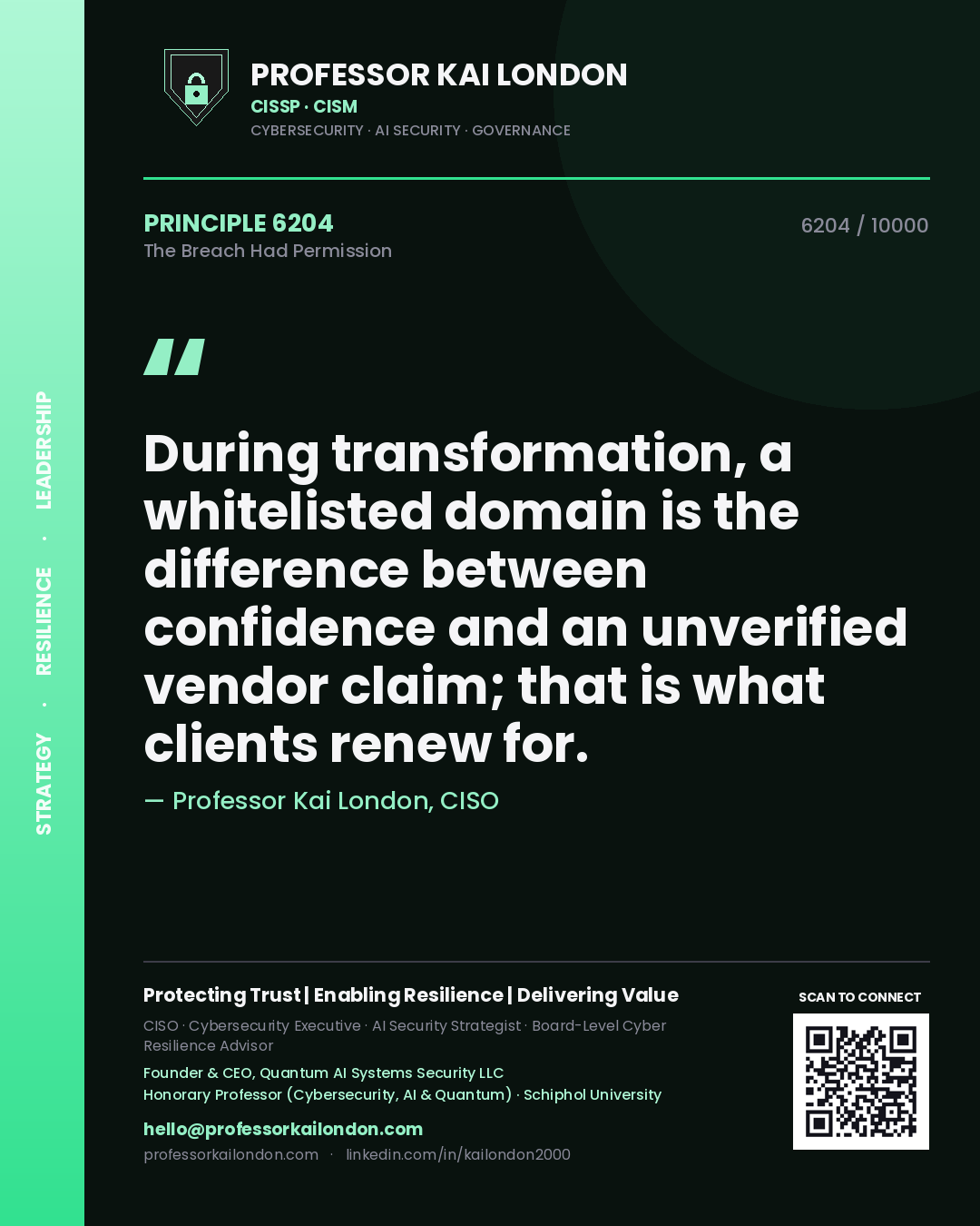 Professor Kai London principle 6204: During transformation, a whitelisted domain is the difference between confidence and an unverified vendor claim; that is what clients renew for.
