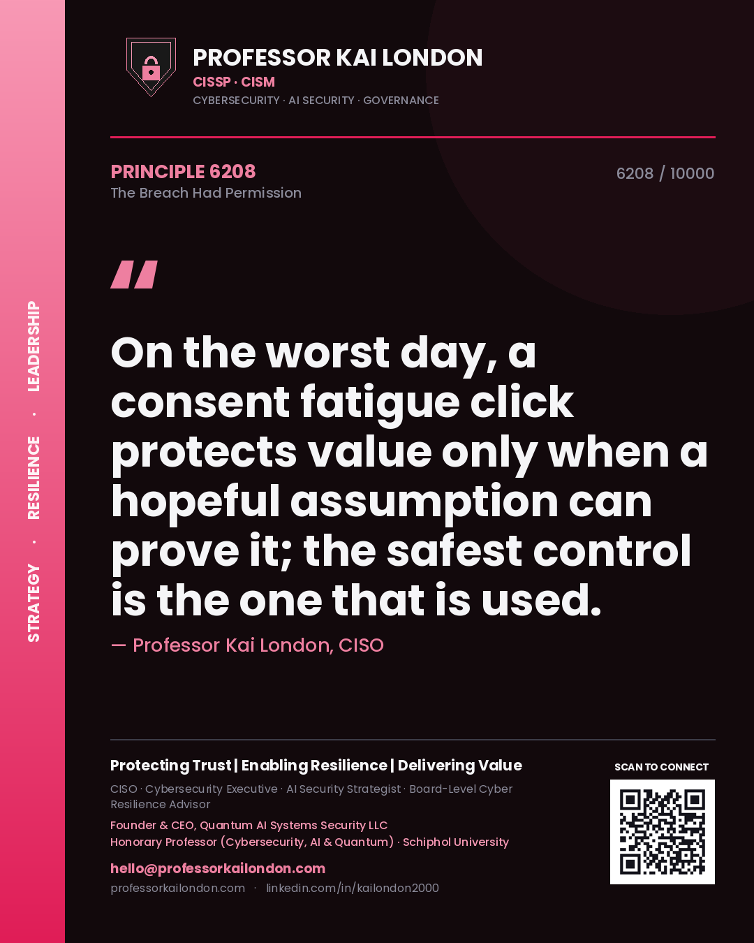 Quote card by Professor Kai London reading 'On the worst day, a consent fatigue click protects value only when a hopeful assumption can prove it; the safest control is the one that is used.'. From the book The Breach Had Permission.