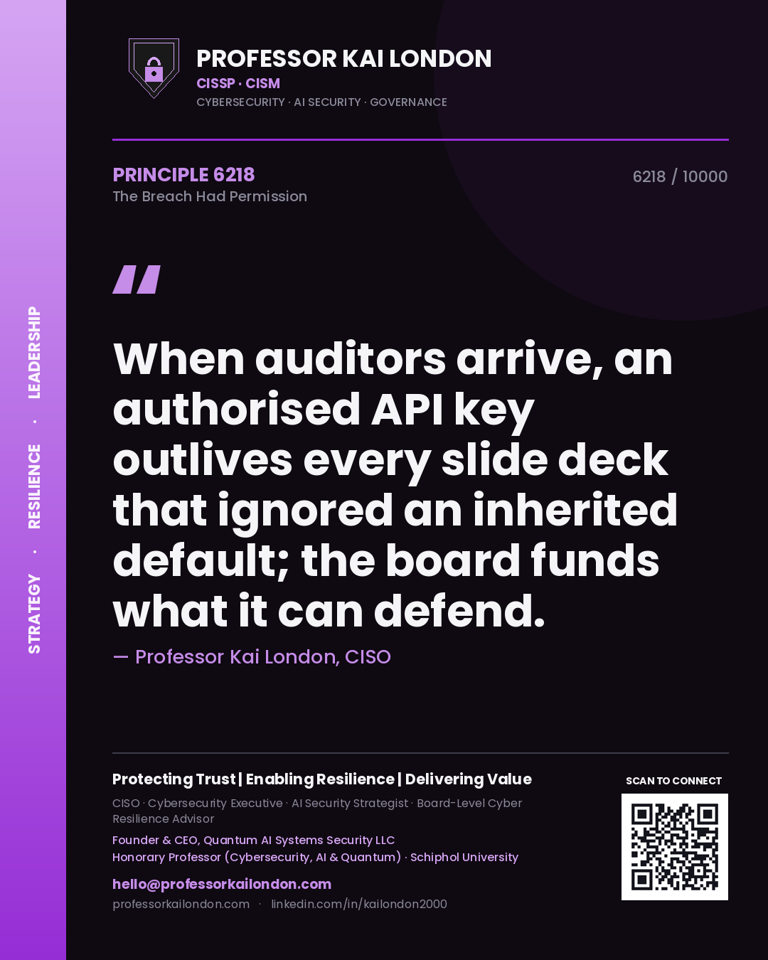 Quote card by Professor Kai London reading 'When auditors arrive, an authorised API key outlives every slide deck that ignored an inherited default; the board funds what it can defend.'. From the book The Breach Had Permission.