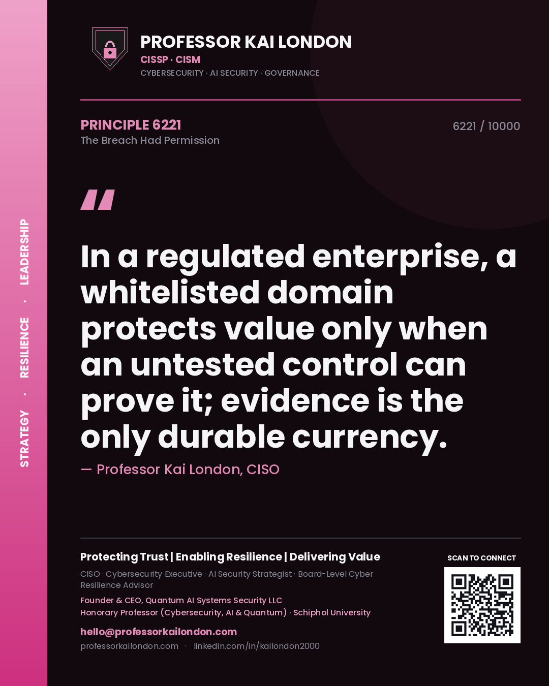Quote card by Professor Kai London reading 'In a regulated enterprise, a whitelisted domain protects value only when an untested control can prove it; evidence is the only durable currency.'. From the book The Breach Had Permission.