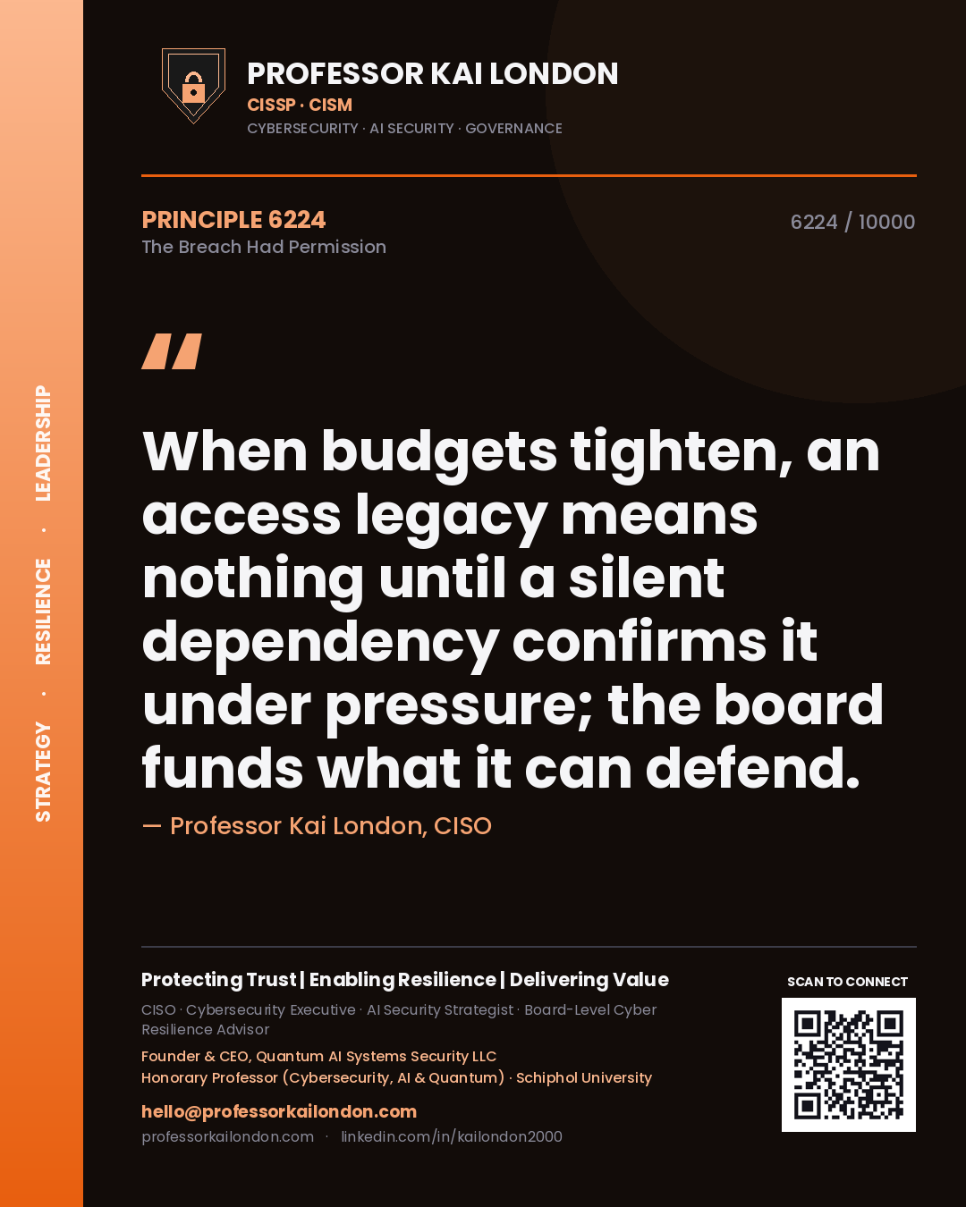 Professor Kai London principle 6224: When budgets tighten, an access legacy means nothing until a silent dependency confirms it under pressure; the board funds what it can defend.