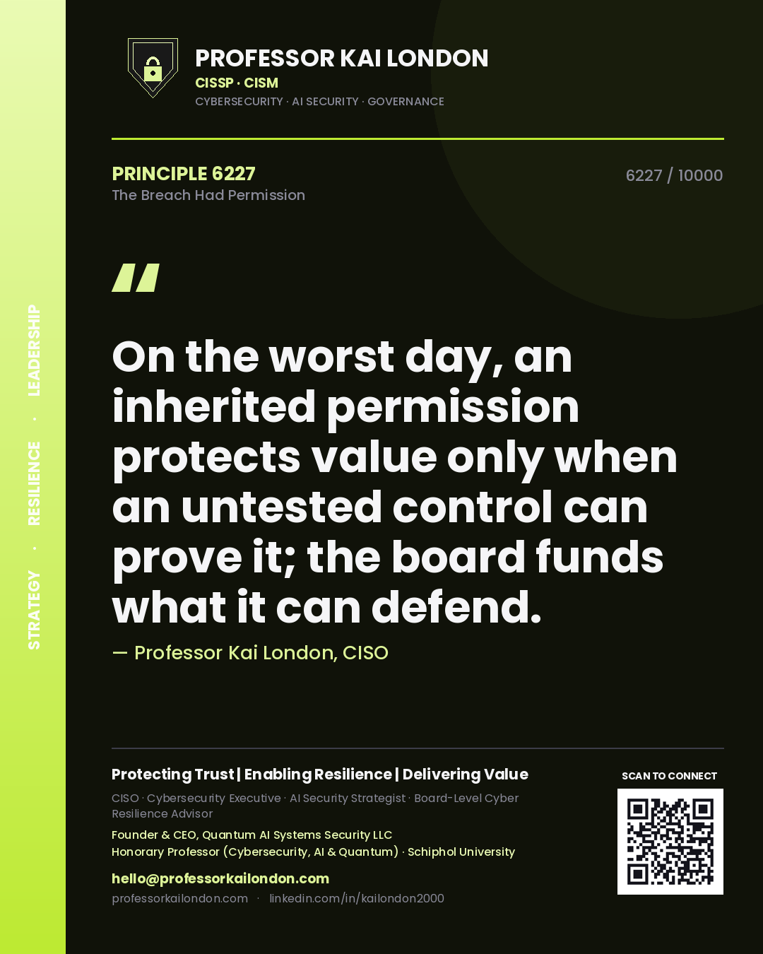 Quote card by Professor Kai London reading 'On the worst day, an inherited permission protects value only when an untested control can prove it; the board funds what it can defend.'. From the book The Breach Had Permission.