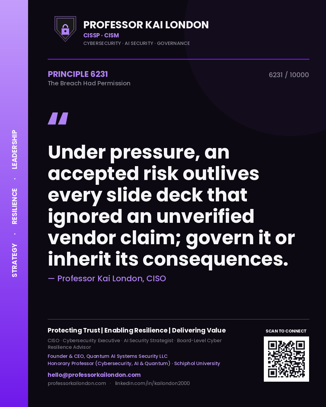 Professor Kai London principle 6231: Under pressure, an accepted risk outlives every slide deck that ignored an unverified vendor claim; govern it or inherit its consequences.