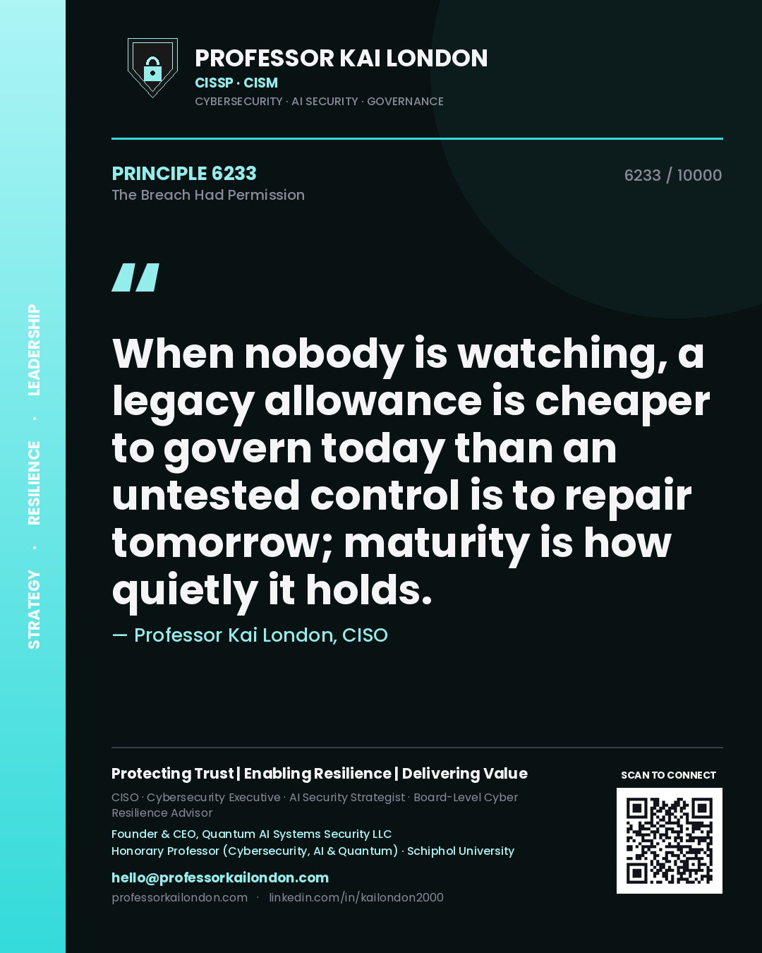 Quote card by Professor Kai London reading 'When nobody is watching, a legacy allowance is cheaper to govern today than an untested control is to repair tomorrow; maturity is how quietly it holds.'. From the book The Breach Had Permission.