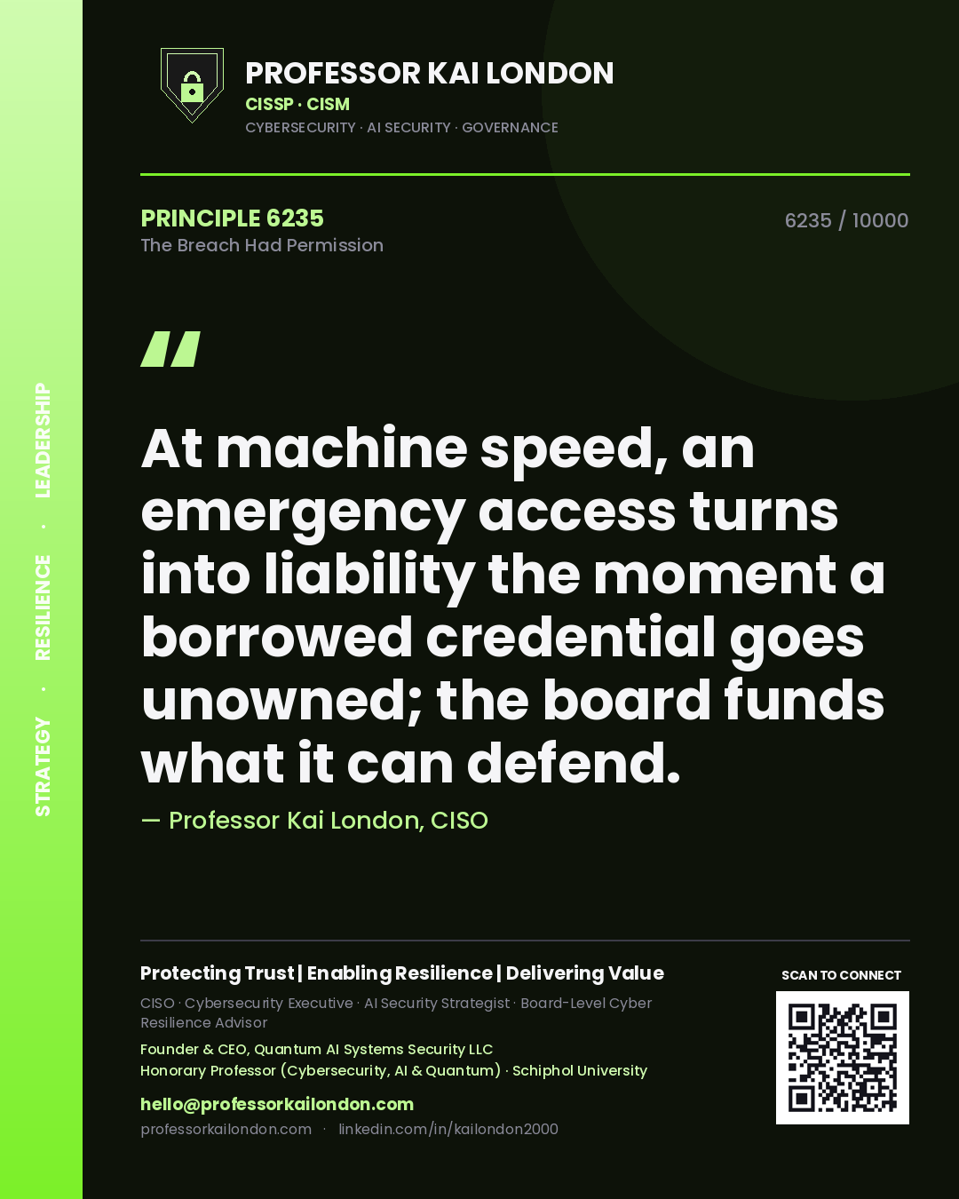 Quote card by Professor Kai London reading 'At machine speed, an emergency access turns into liability the moment a borrowed credential goes unowned; the board funds what it can defend.'. From the book The Breach Had Permission.
