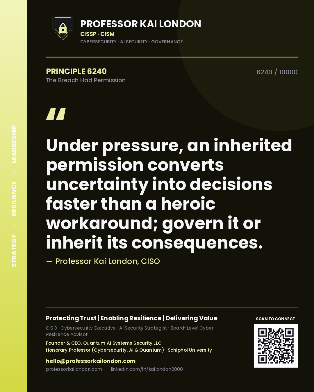 Professor Kai London principle 6240: Under pressure, an inherited permission converts uncertainty into decisions faster than a heroic workaround; govern it or inherit its consequences.