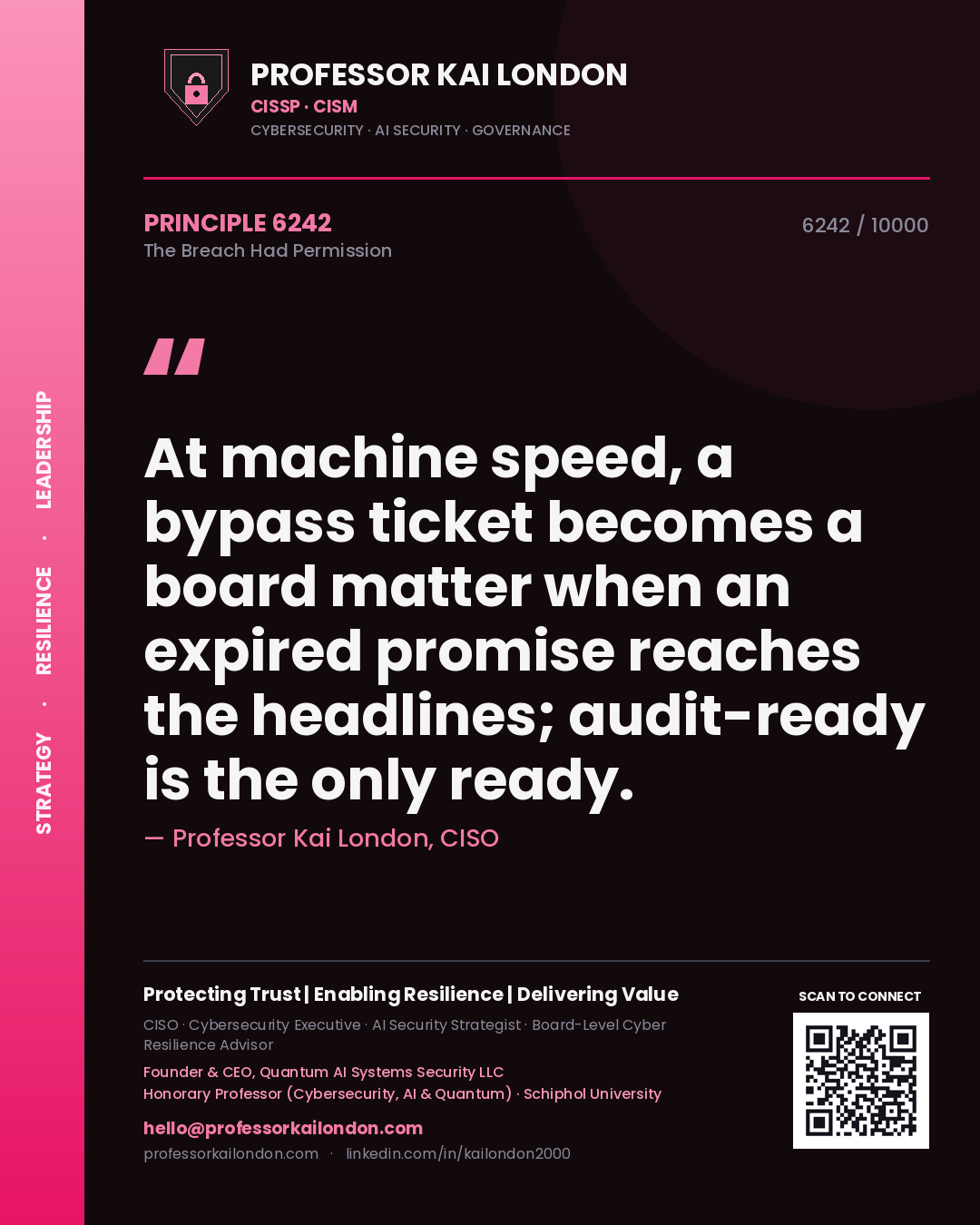 Quote card by Professor Kai London reading 'At machine speed, a bypass ticket becomes a board matter when an expired promise reaches the headlines; audit-ready is the only ready.'. From the book The Breach Had Permission.