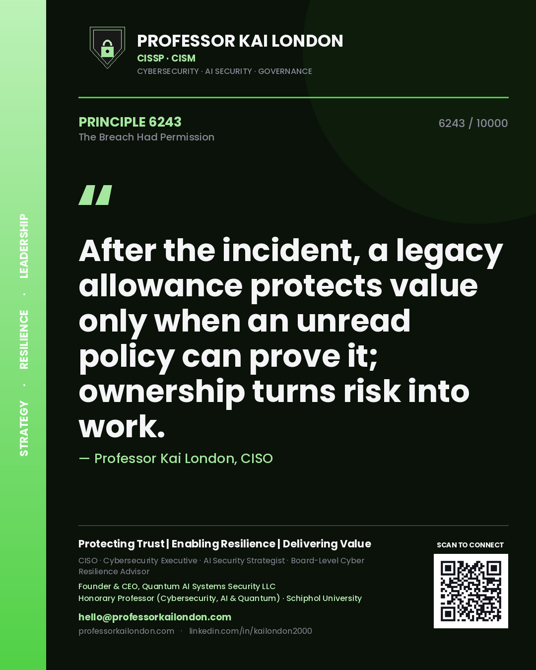 Quote card by Professor Kai London reading 'After the incident, a legacy allowance protects value only when an unread policy can prove it; ownership turns risk into work.'. From the book The Breach Had Permission.