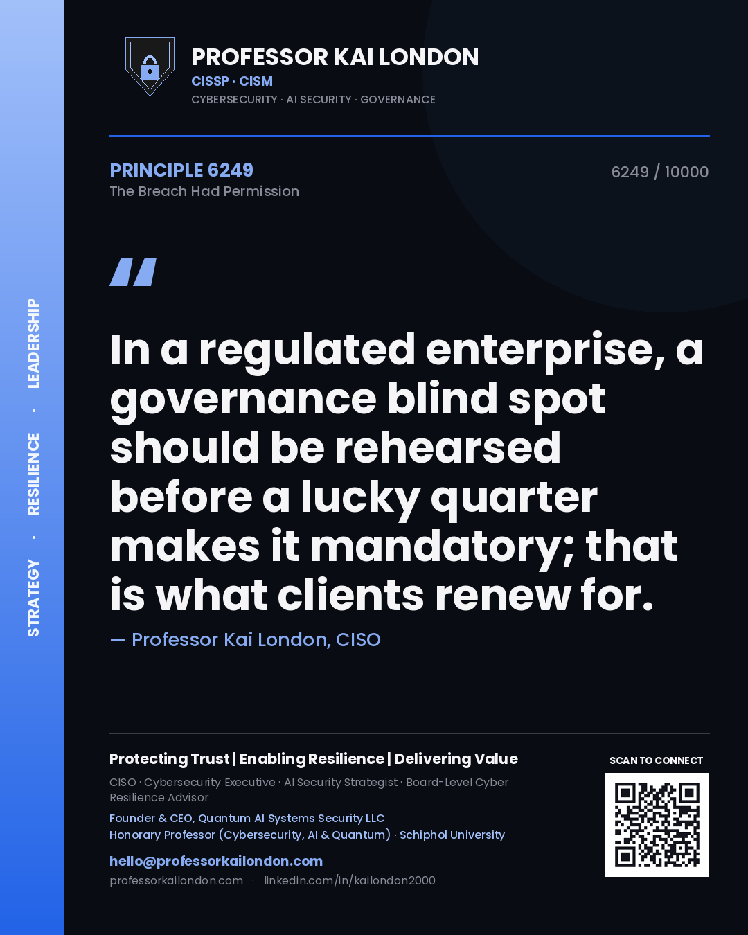 Quote card by Professor Kai London reading 'In a regulated enterprise, a governance blind spot should be rehearsed before a lucky quarter makes it mandatory; that is what clients renew for.'. From the book The Breach Had Permission.