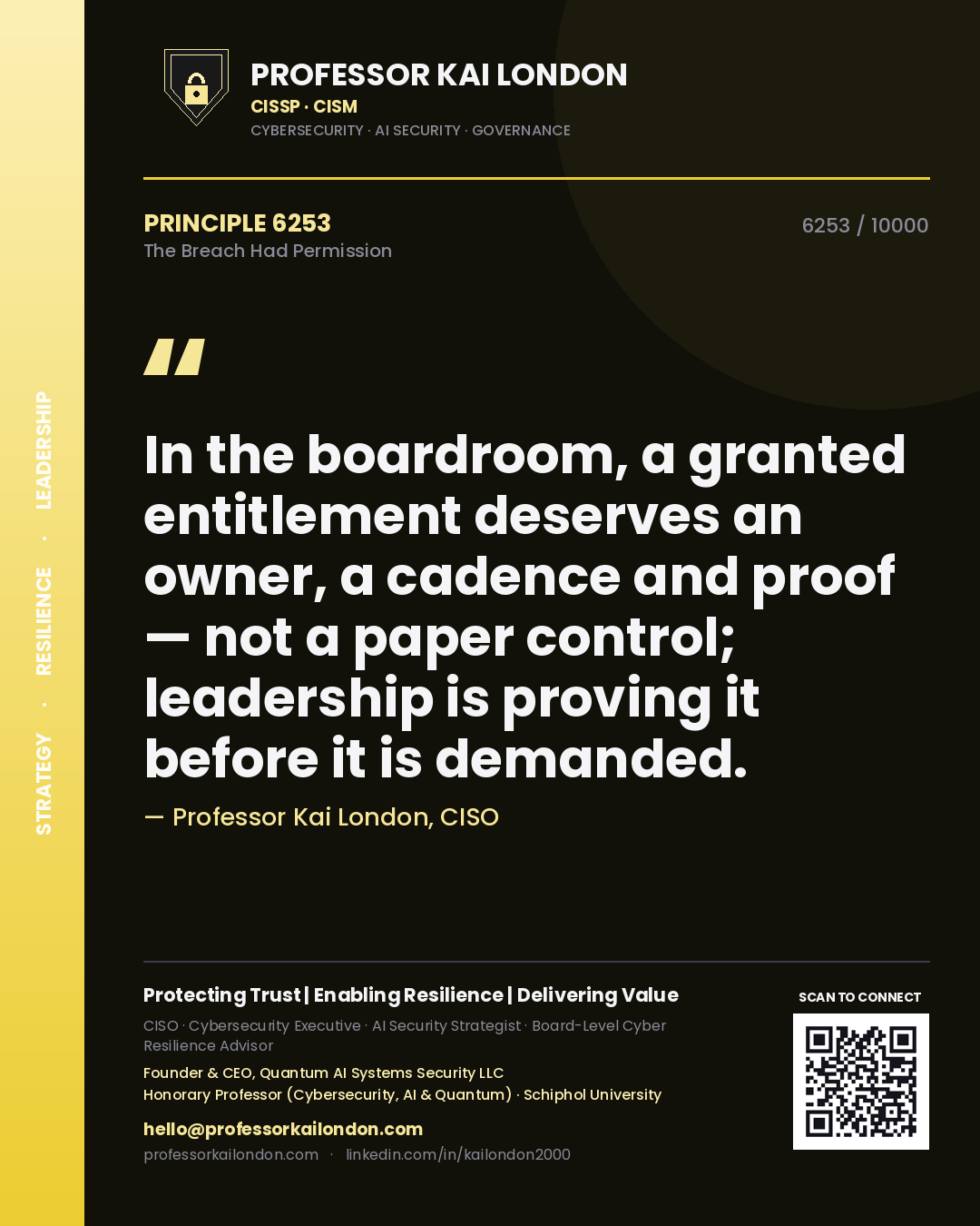 Quote card by Professor Kai London reading 'In the boardroom, a granted entitlement deserves an owner, a cadence and proof — not a paper control; leadership is proving it before it is demanded.'. From the book The Breach Had Permission.