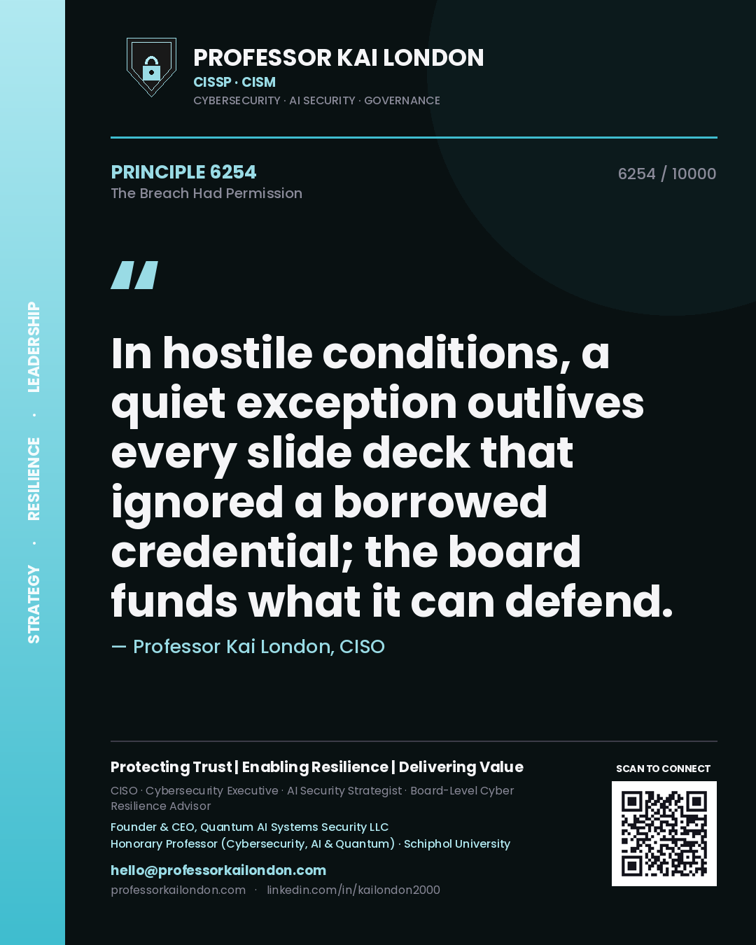 Quote card by Professor Kai London reading 'In hostile conditions, a quiet exception outlives every slide deck that ignored a borrowed credential; the board funds what it can defend.'. From the book The Breach Had Permission.