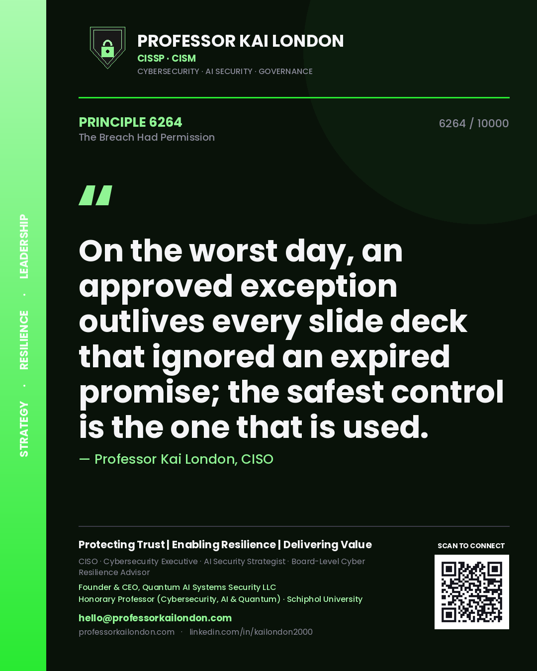 Quote card by Professor Kai London reading 'On the worst day, an approved exception outlives every slide deck that ignored an expired promise; the safest control is the one that is used.'. From the book The Breach Had Permission.