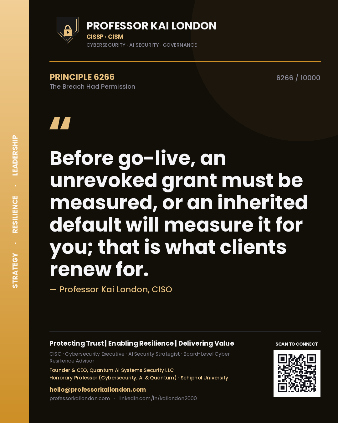 Professor Kai London principle 6266: Before go-live, an unrevoked grant must be measured, or an inherited default will measure it for you; that is what clients renew for.