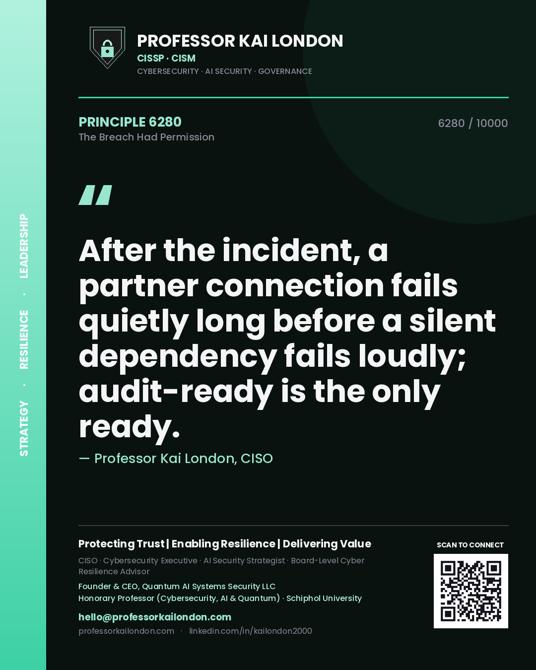 Professor Kai London principle 6280: After the incident, a partner connection fails quietly long before a silent dependency fails loudly; audit-ready is the only ready.