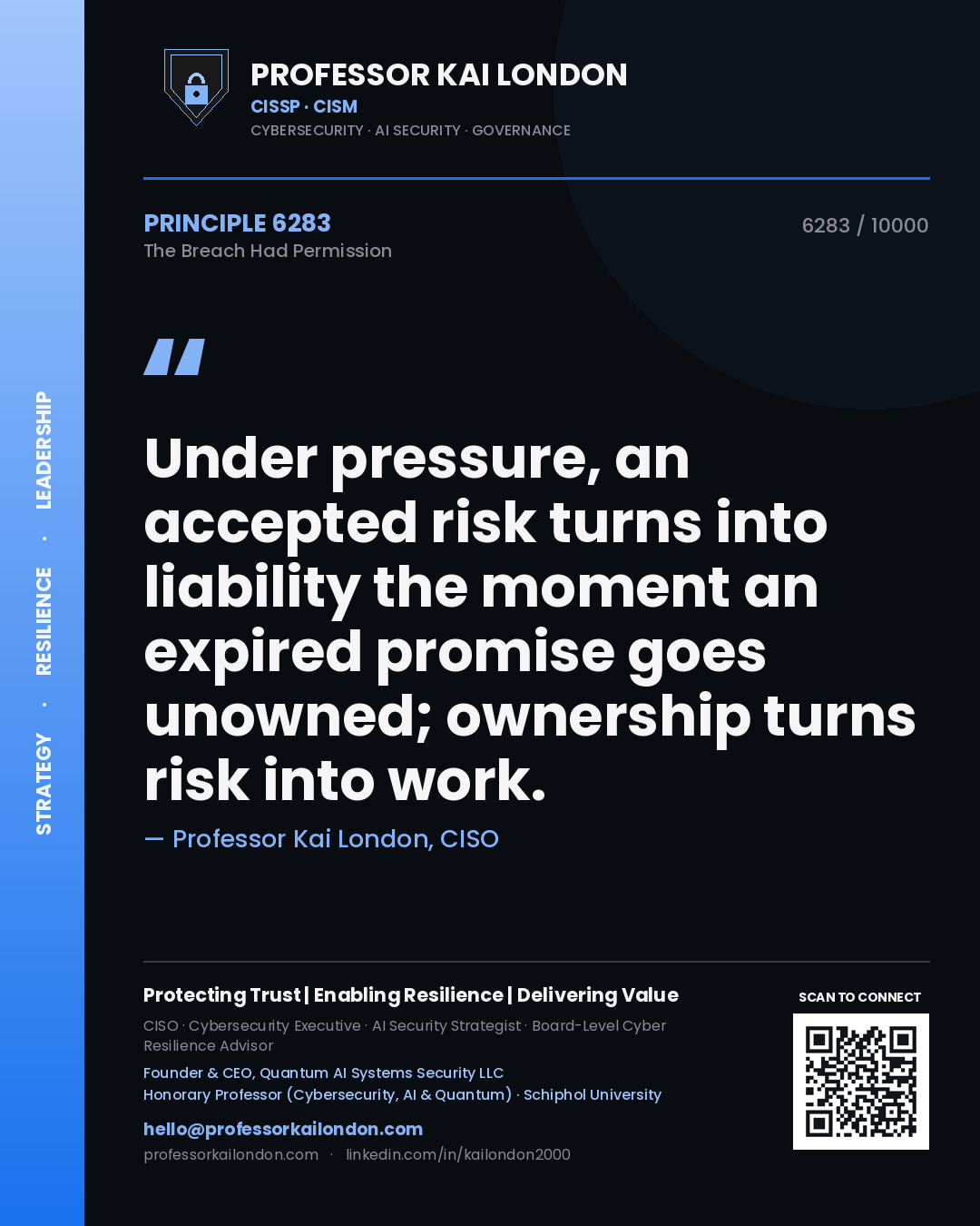 Professor Kai London principle 6283: Under pressure, an accepted risk turns into liability the moment an expired promise goes unowned; ownership turns risk into work.